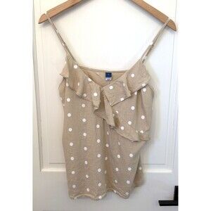 Old Navy Strappy White Polka Dot Tan Linen Blend Cami M Ruffle Romantic Flirty